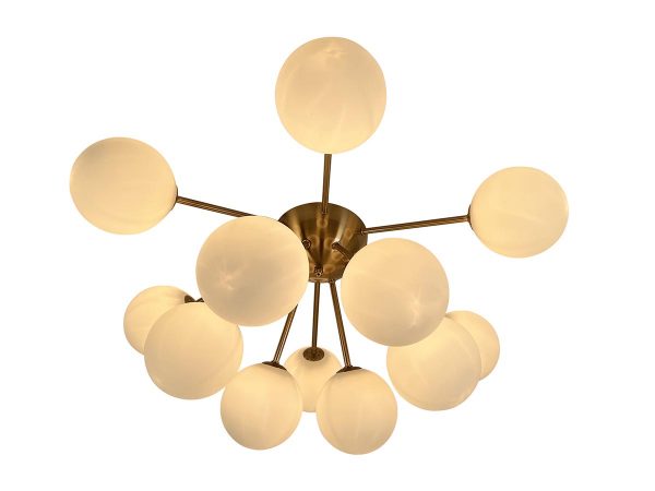 Ootzil 14 in. 12-Light Brass Semi Flush with White Glass Globes